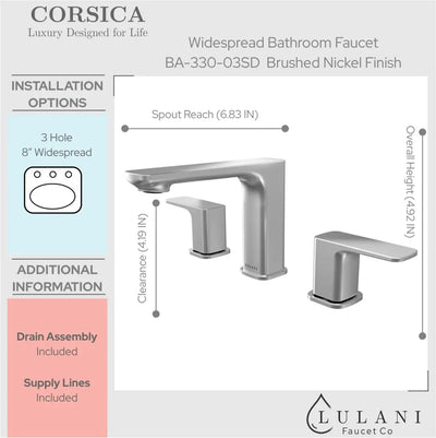 Corsica 2 Handle Widespread Brass Bathroom Faucet with drain assembly in Brushed Nickel finish