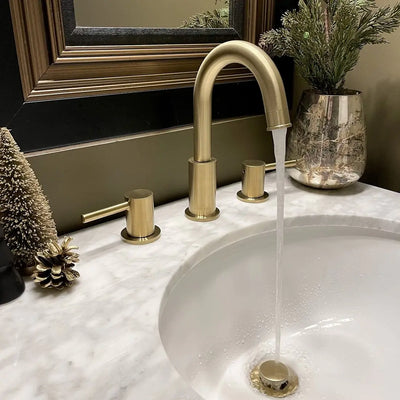 St. Lucia 2 Handle 3 Hole Widespread Brass Bathroom Faucet with drain assembly in Champagne Gold finish St. Lucia 2 Handle 3 Hole Widespread Brass Bathroom Faucet with drain assembly in Champagne Gold finish