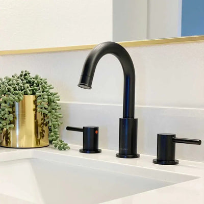 St. Lucia 2 Handle 3 Hole Widespread Brass Bathroom Faucet with drain assembly in Matte Black finish St. Lucia 2 Handle 3 Hole Widespread Brass Bathroom Faucet with drain assembly in Matte Black finish