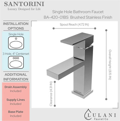 Santorini - Single Hole Stainless Steel Bathroom Faucet with drain assembly in Brushed Stainless finish Santorini - Single Hole Stainless Steel Bathroom Faucet with drain assembly in Brushed Stainless finish