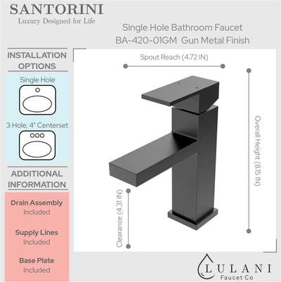 Santorini - Single Hole Stainless Steel Bathroom Faucet with drain assembly in Gun Metal finish Santorini - Single Hole Stainless Steel Bathroom Faucet with drain assembly in Gun Metal finish