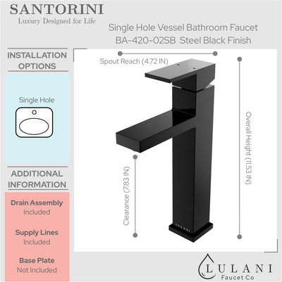 Santorini - Stainless Steel Vessel Bathroom Faucet with drain assembly in Steel Black finish Santorini - Stainless Steel Vessel Bathroom Faucet with drain assembly in Steel Black finish
