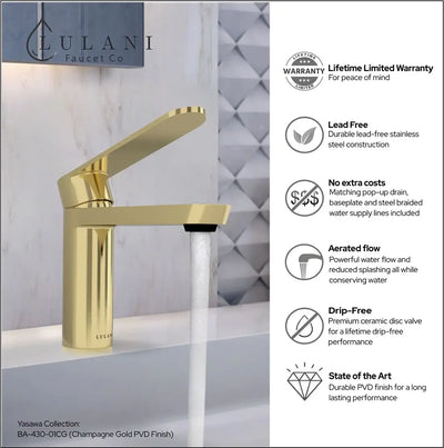 Yasawa - Single Hole Stainless Steel Bathroom Faucet with drain assembly in Champagne Gold finish Yasawa - Single Hole Stainless Steel Bathroom Faucet with drain assembly in Champagne Gold finish