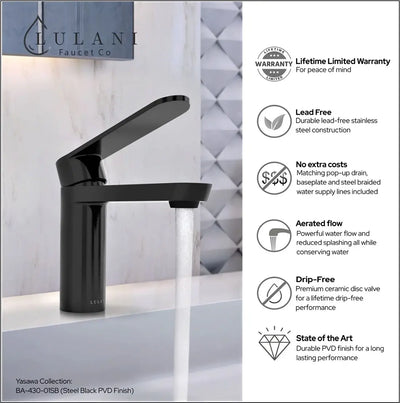 Yasawa - Single Hole Stainless Steel Bathroom Faucet with drain assembly in Steel Black finish Yasawa - Single Hole Stainless Steel Bathroom Faucet with drain assembly in Steel Black finish
