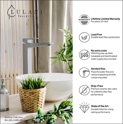 Boracay 1 Handle Vessel Sink Brass Bathroom Faucet with drain assembly in Brushed Nickel finish Boracay 1 Handle Vessel Sink Brass Bathroom Faucet with drain assembly in Brushed Nickel finish