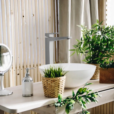 Boracay 1 Handle Vessel Sink Brass Bathroom Faucet with drain assembly in Brushed Nickel finish Boracay 1 Handle Vessel Sink Brass Bathroom Faucet with drain assembly in Brushed Nickel finish