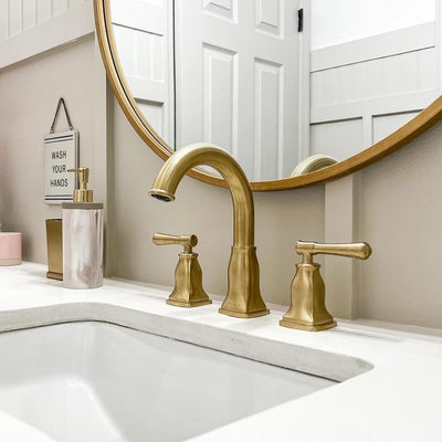 Aurora 2 Handle Widespread Brass Bathroom Faucet with drain assembly in Champagne Gold finish Aurora 2 Handle Widespread Brass Bathroom Faucet with drain assembly in Champagne Gold finish