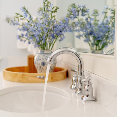 Aurora 2 Handle Widespread Brass Bathroom Faucet with drain assembly in Chrome finish Aurora 2 Handle Widespread Brass Bathroom Faucet with drain assembly in Chrome finish