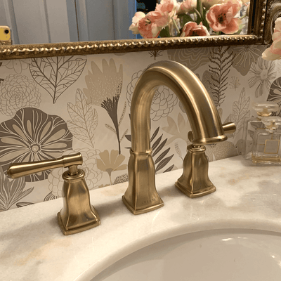 Aurora 2 Handle Widespread Brass Bathroom Faucet with drain assembly in Champagne Gold finish Aurora 2 Handle Widespread Brass Bathroom Faucet with drain assembly in Champagne Gold finish