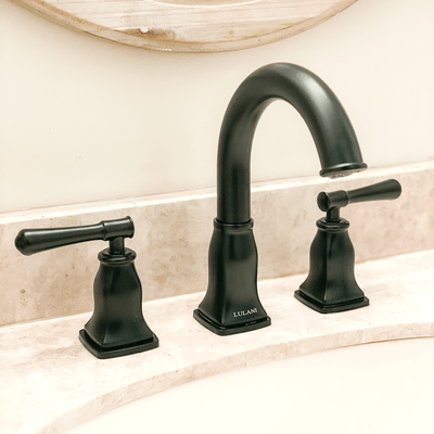 Aurora 2 Handle Widespread Brass Bathroom Faucet with drain assembly in Matte Black finish Aurora 2 Handle Widespread Brass Bathroom Faucet with drain assembly in Matte Black finish