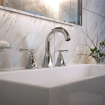 Aurora 2 Handle Widespread Brass Bathroom Faucet with drain assembly in Chrome finish Aurora 2 Handle Widespread Brass Bathroom Faucet with drain assembly in Chrome finish