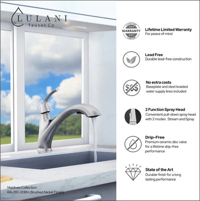 Maldives - Low Profile Pull-Out Kitchen Faucet in Brushed Nickel finish Maldives - Low Profile Pull-Out Kitchen Faucet in Brushed Nickel finish