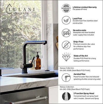 Nassau - Stainless Steel Pull-Out Kitchen Faucet (Aerated spray head) in Steel Black finish Nassau - Stainless Steel Pull-Out Kitchen Faucet (Aerated spray head) in Steel Black finish