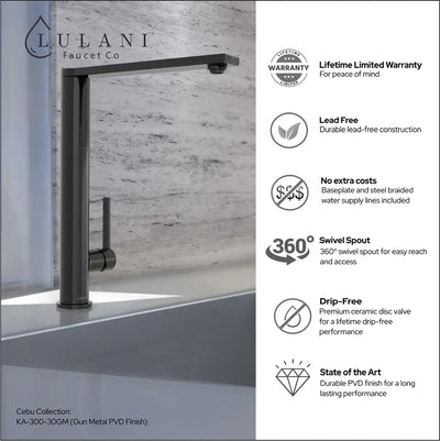 Cebu Stainless Steel 1 Handle Swivel Kitchen Faucet with Baseplate in Gun Metal finish Cebu Stainless Steel 1 Handle Swivel Kitchen Faucet with Baseplate in Gun Metal finish