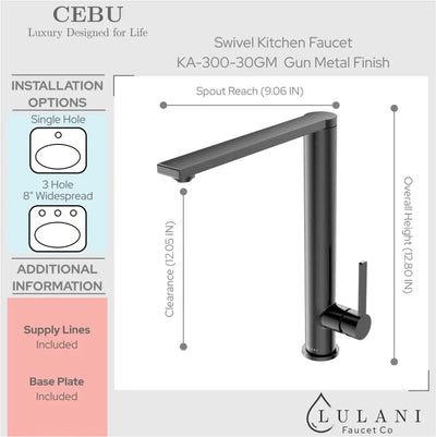 Cebu Stainless Steel 1 Handle Swivel Kitchen Faucet with Baseplate in Gun Metal finish Cebu Stainless Steel 1 Handle Swivel Kitchen Faucet with Baseplate in Gun Metal finish