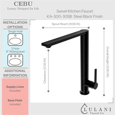 Cebu Stainless Steel 1 Handle Swivel Kitchen Faucet with Baseplate in Steel Black finish Cebu Stainless Steel 1 Handle Swivel Kitchen Faucet with Baseplate in Steel Black finish