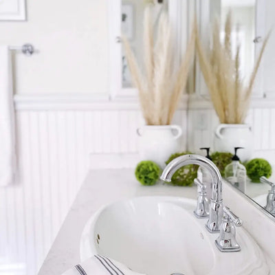 Aurora 2 Handle Widespread Brass Bathroom Faucet with drain assembly in Chrome finish Aurora 2 Handle Widespread Brass Bathroom Faucet with drain assembly in Chrome finish