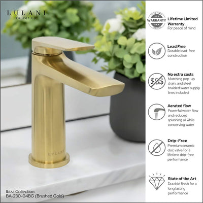 Ibiza 1 handle single hole Bathroom Faucet with drain assembly in Brushed Gold finish