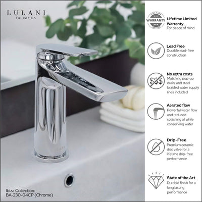 Ibiza 1 handle single hole Bathroom Faucet with drain assembly in Chrome finish