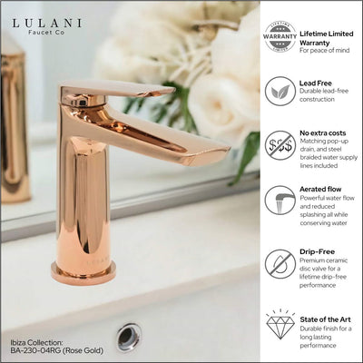 Ibiza 1 handle single hole Bathroom Faucet with drain assembly in Rose Gold finish