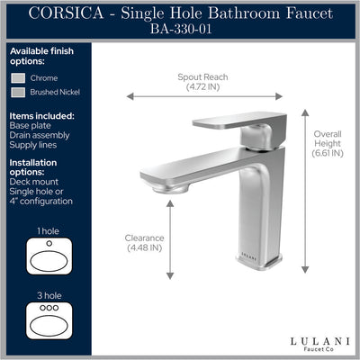 Corsica 1 Handle Single Hole Brass Bathroom Faucet with drain assembly in Chrome, Brushed Nickel, Champagne Gold, Gun Metal, Matte Black finish