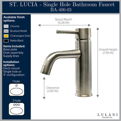 St. Lucia 1 Handle Single Hole Brass Bathroom Faucet with drain assembly in All finish