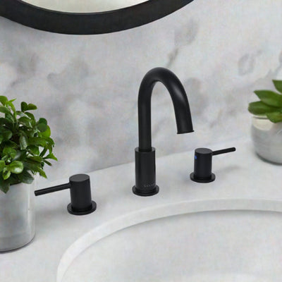 St. Lucia 2 Handle 3 Hole Widespread Brass Bathroom Faucet with drain assembly in Matte Black finish