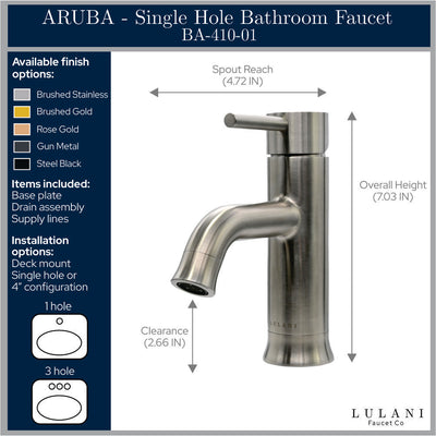 Aruba Stainless Steel 1 Handle Bathroom Faucet with drain assembly in All finish