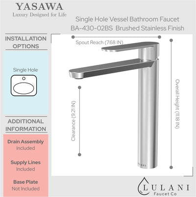 Yasawa Stainless Steel 1 Handle Vessel Sink Bathroom Faucet with drain assembly in Brushed Stainless finish