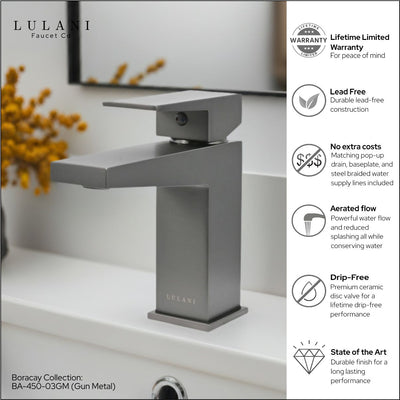 Boracay 1 Handle Single Hole Brass Bathroom Faucet with drain assembly in Gun Metal finish