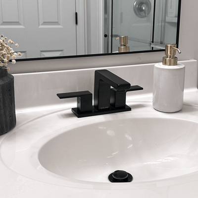 Capri 2 Handle 3 Hole Centerset Brass Bathroom Faucet with drain assembly in Matte Black finish