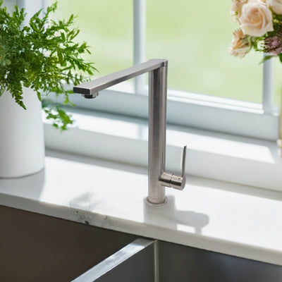 Cebu Stainless Steel 1 Handle Swivel Kitchen Faucet with Baseplate in Brushed Stainless finish