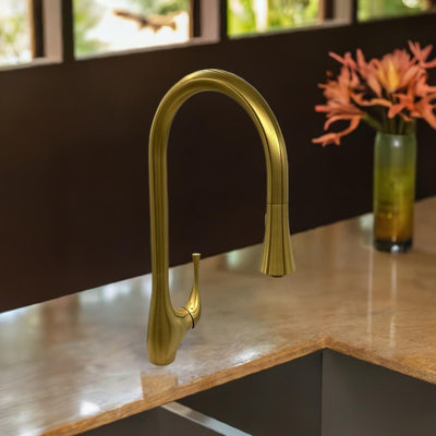 Yasawa Stainless Steel 1 Handle Pull-Down Swivel Kitchen Faucet Includes Baseplate in Brushed Gold finish