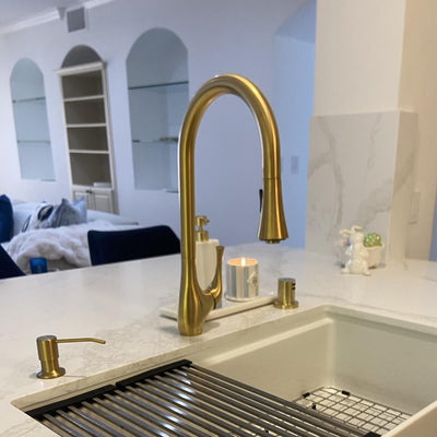 Yasawa Stainless Steel 1 Handle Pull-Down Swivel Kitchen Faucet Includes Baseplate in Brushed Gold finish