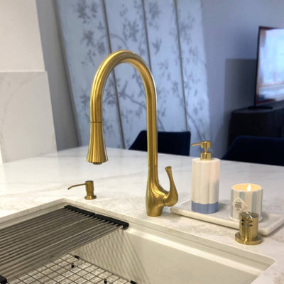 Yasawa Stainless Steel 1 Handle Pull-Down Swivel Kitchen Faucet Includes Baseplate in Brushed Gold finish