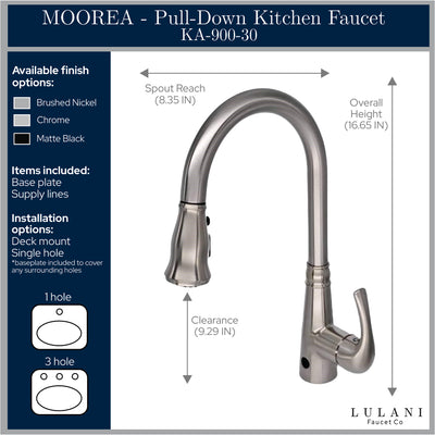 Moorea Dual Sensor 1 handle Pull-Down Kitchen Faucet Includes Baseplate in All finish