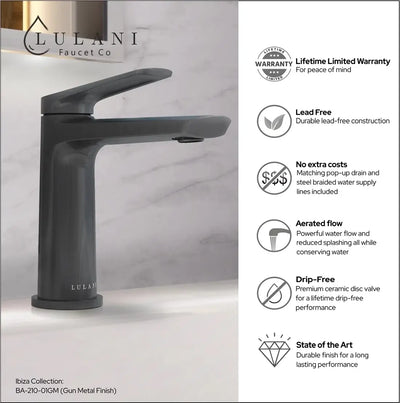 Ibiza 1 handle single hole Bathroom Faucet with drain assembly in Gun Metal finish