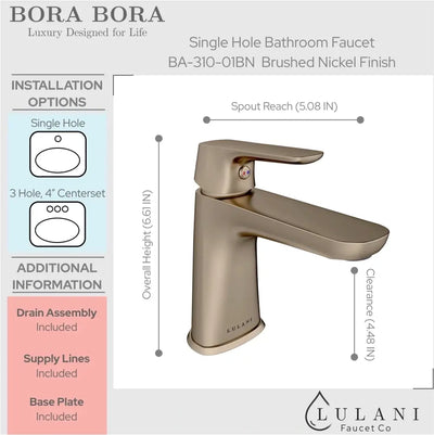 Bora Bora - Single Hole Bathroom Faucet with drain assembly in Brushed Nickel finish