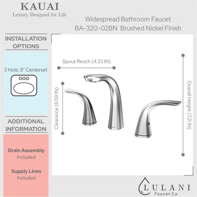 Kauai 2 Handle Widespread Brass Bathroom Faucet with Drain Assembly in Brushed Nickel finish
