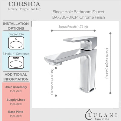 Corsica 1 Handle Single Hole Brass Bathroom Faucet with drain assembly in Chrome finish