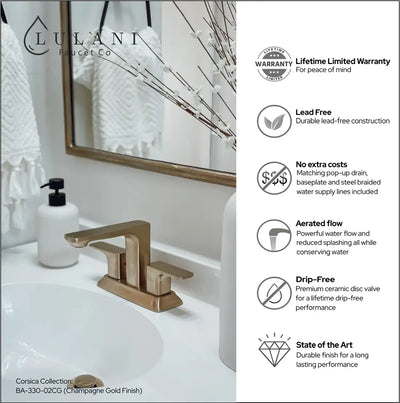 Corsica 2 Handle Centerset Brass Bathroom Faucet with drain assembly in Champagne Gold finish