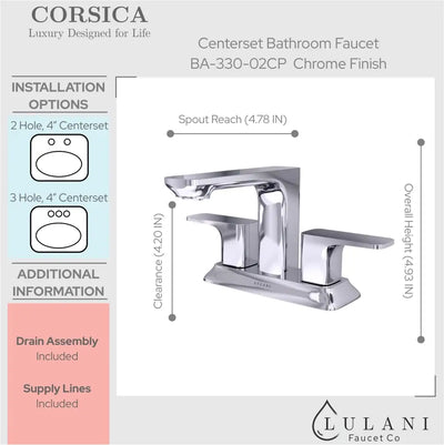 Corsica 2 Handle Centerset Brass Bathroom Faucet with drain assembly in Chrome finish
