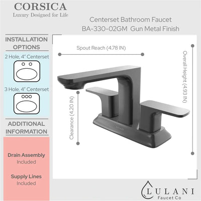 Corsica 2 Handle Centerset Brass Bathroom Faucet with drain assembly in Gun Metal finish