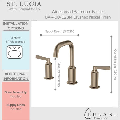 St. Lucia Widespread Bathroom Faucet with drain assembly in Brushed Nickel finish