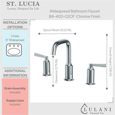 St. Lucia Widespread Bathroom Faucet with drain assembly in Chrome finish