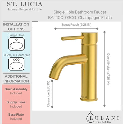 St. Lucia - Single Hole Bathroom Faucet with drain assembly in Champagne Gold