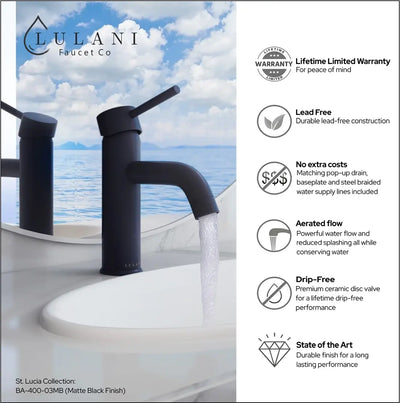 St. Lucia - Single Hole Bathroom Faucet with drain assembly in Matte Black