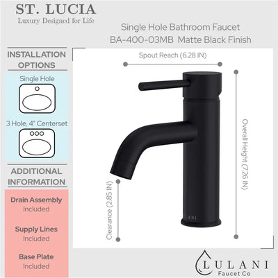 St. Lucia - Single Hole Bathroom Faucet with drain assembly in Matte Black