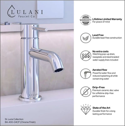 St. Lucia - Single Hole Petite Bathroom Faucet with drain assembly in Chrome
