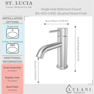 St. Lucia - Single Hole Petite Bathroom Faucet with drain assembly in Brushed Nickel finish